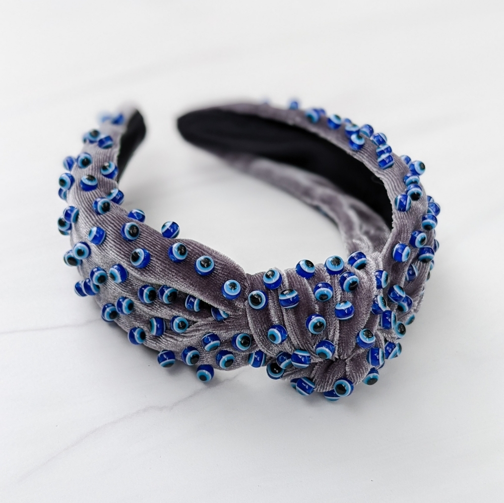 Evil Eye Beaded Knot Headband Charcoal Velvet Knotted Handmade